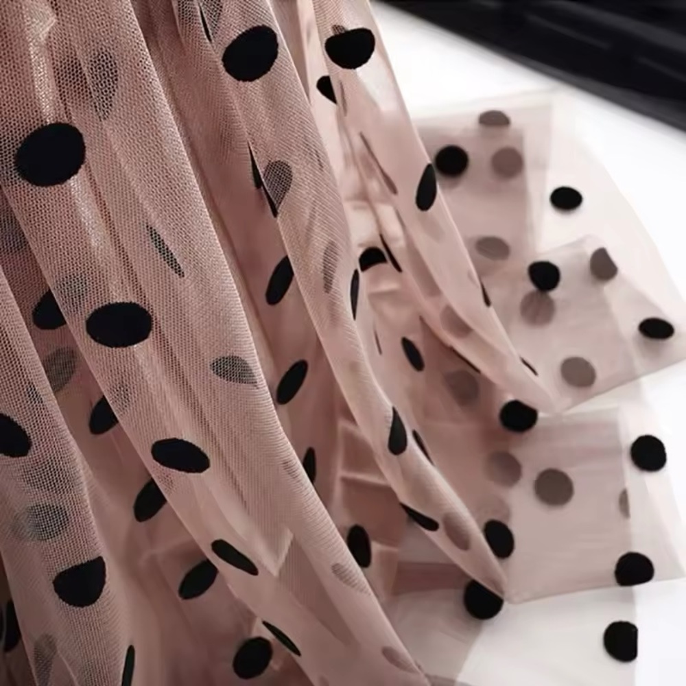 NWT EURO Mesh REVERSIBLE 2 in 1 Polka Dot Lace Flocking Swing A-line Midi Skirt - Picture 3 of 8